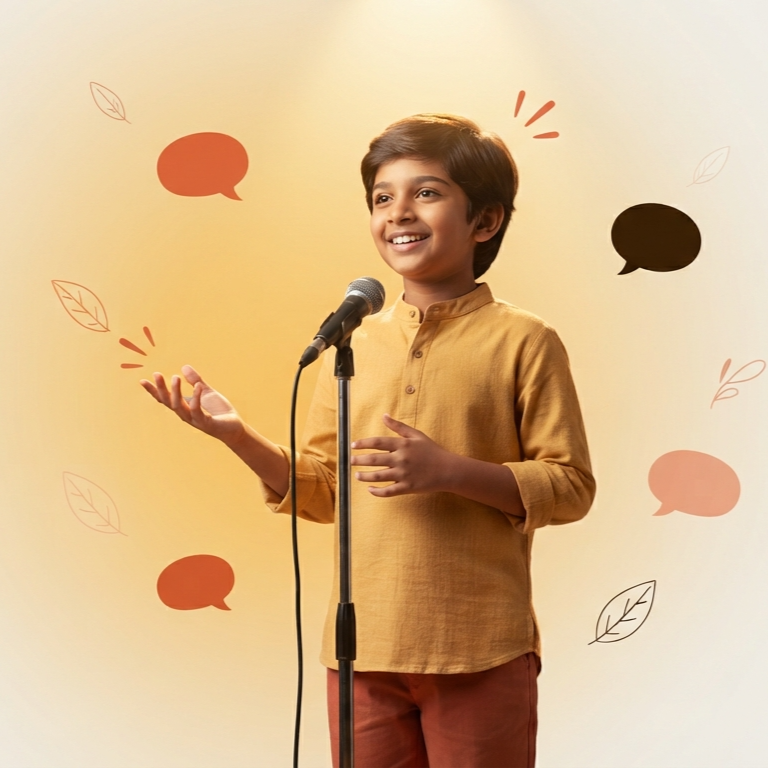 A child speaking confidently into a microphone